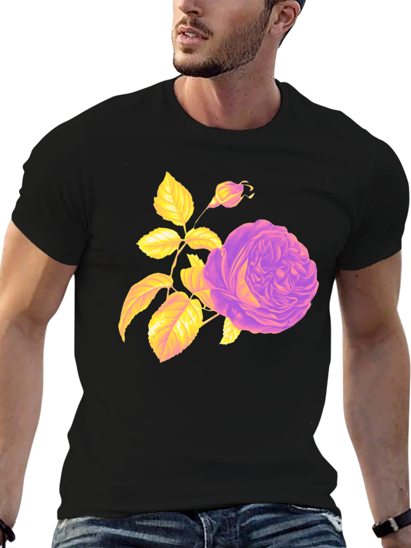 Floral Rose Graphic Tee - Black Cotton Blend