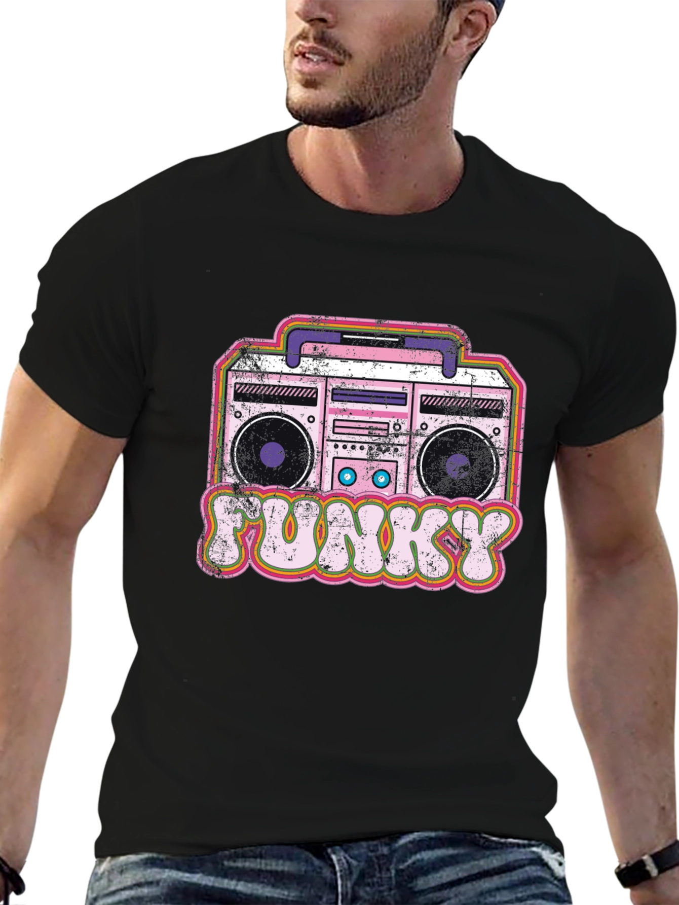 Funky Retro Boombox Graphic Tee - Black Cotton Blend