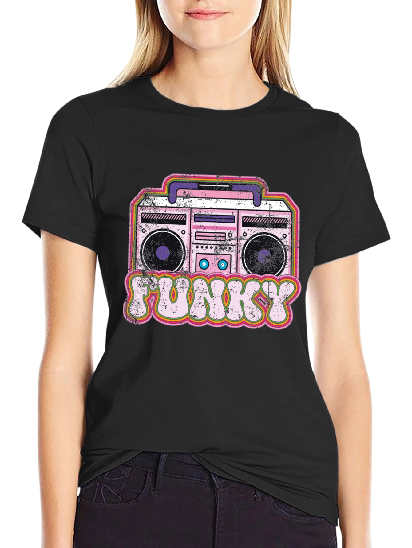 Funky Retro Boombox Graphic Tee - Black Cotton Blend