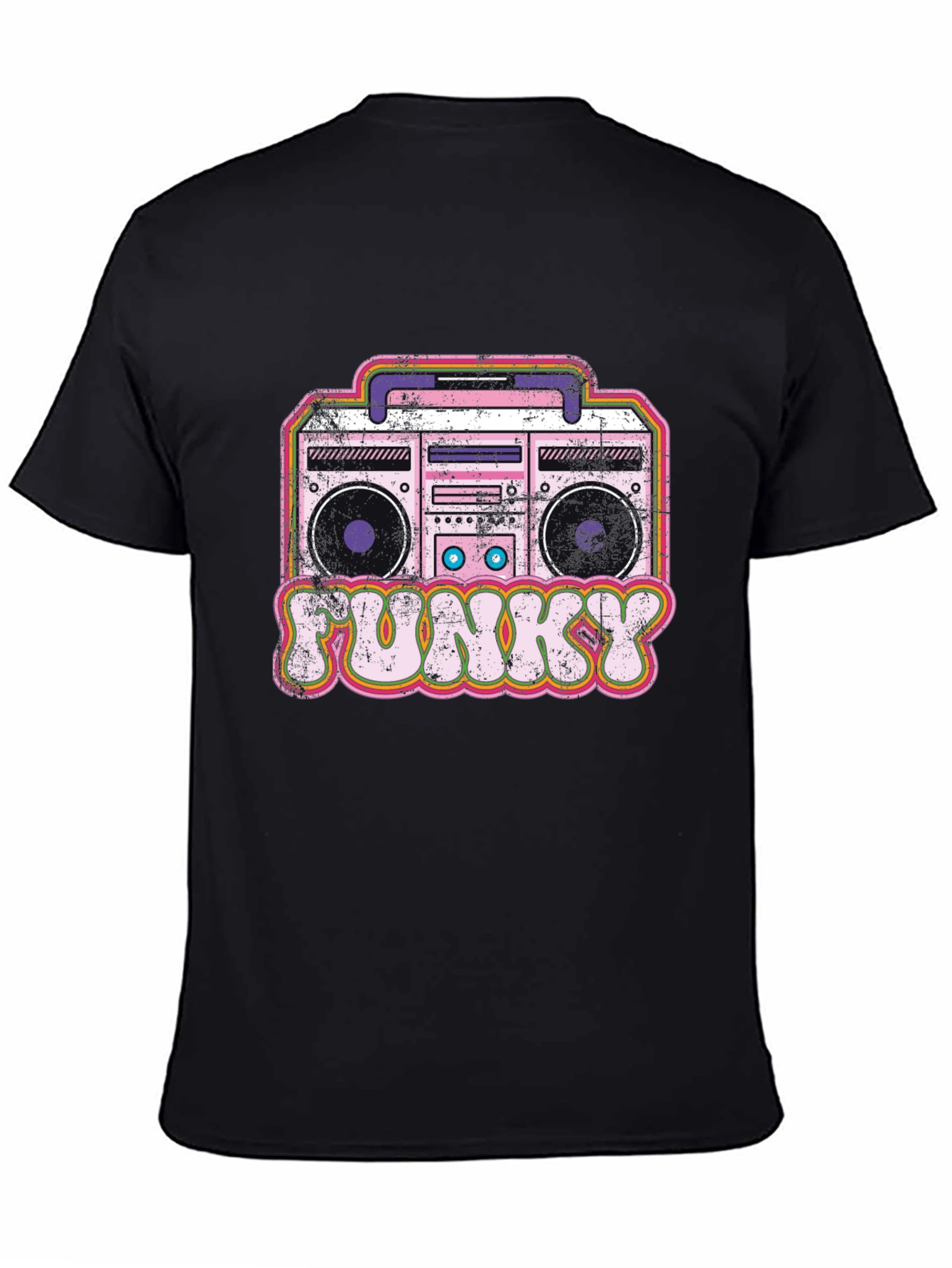 Funky Retro Boombox Graphic Tee - Black Cotton Blend