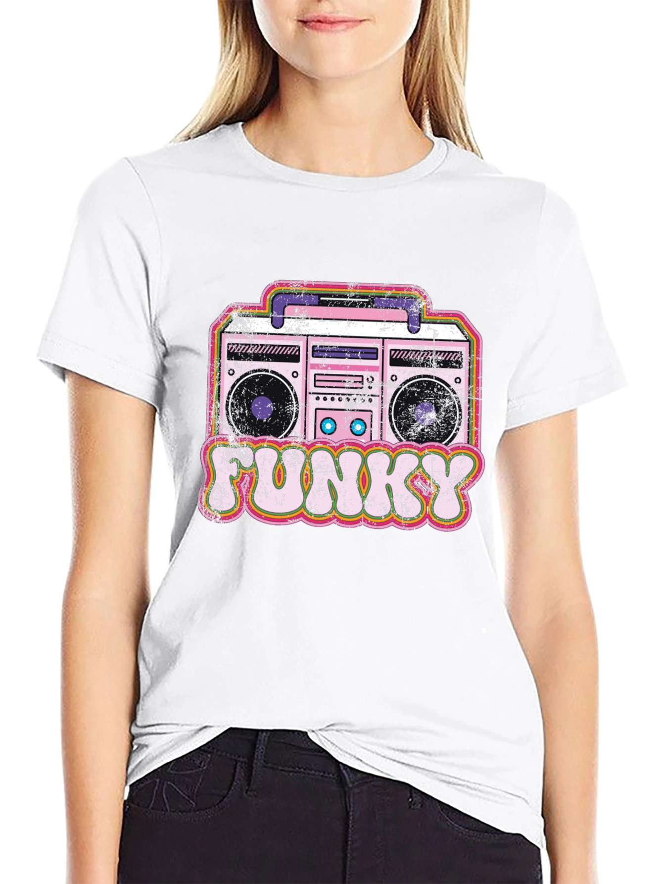 Funky Retro Boombox Graphic Tee - Black Cotton Blend