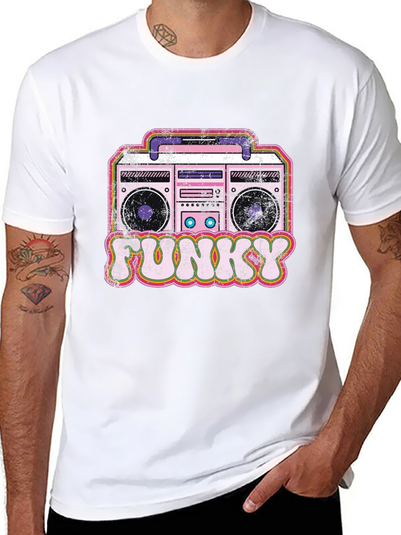 Funky Retro Boombox Graphic Tee - Black Cotton Blend