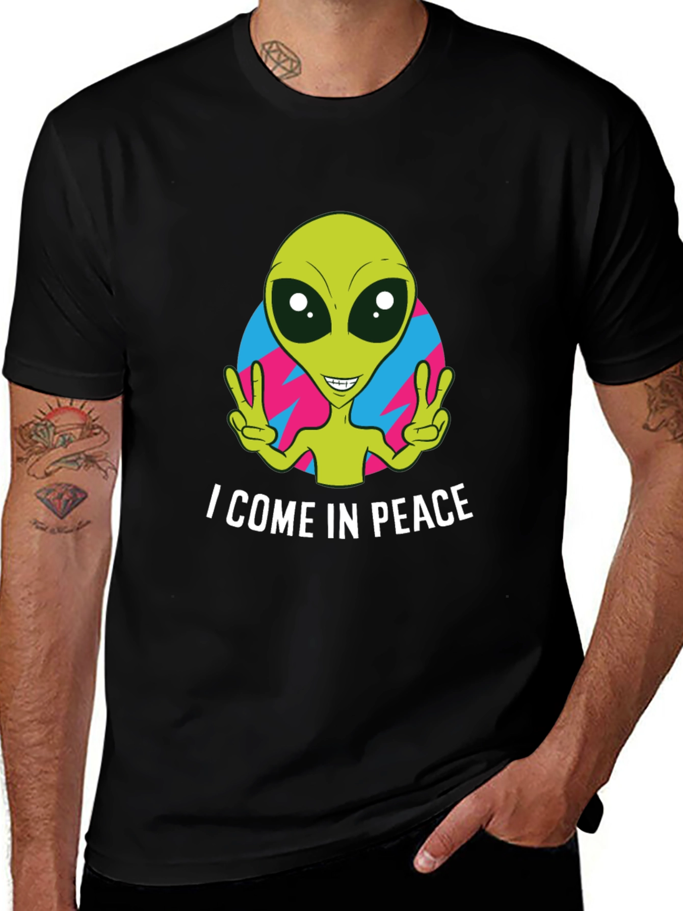 Peace Alien Graphic T-Shirt - Black Short Sleeve