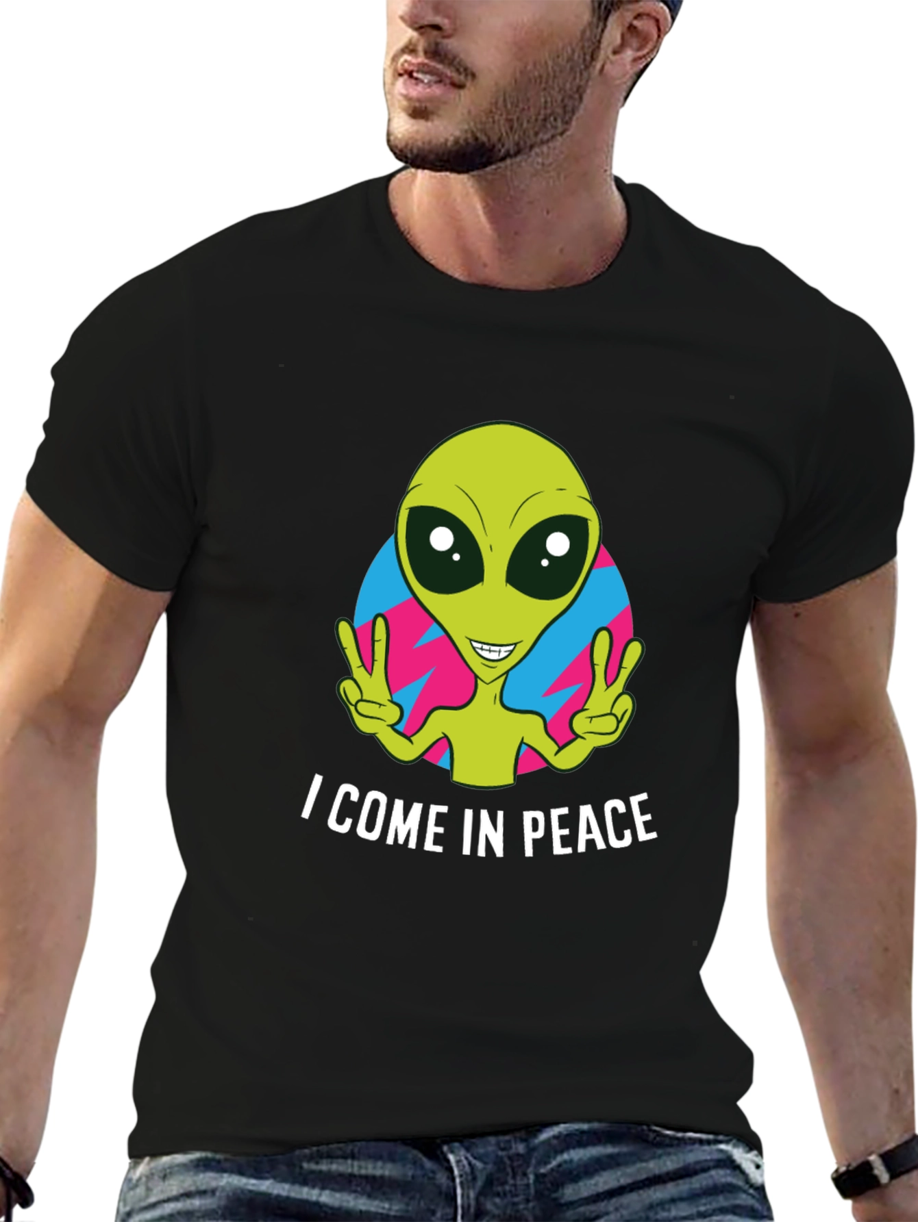 Peace Alien Graphic T-Shirt - Black Short Sleeve
