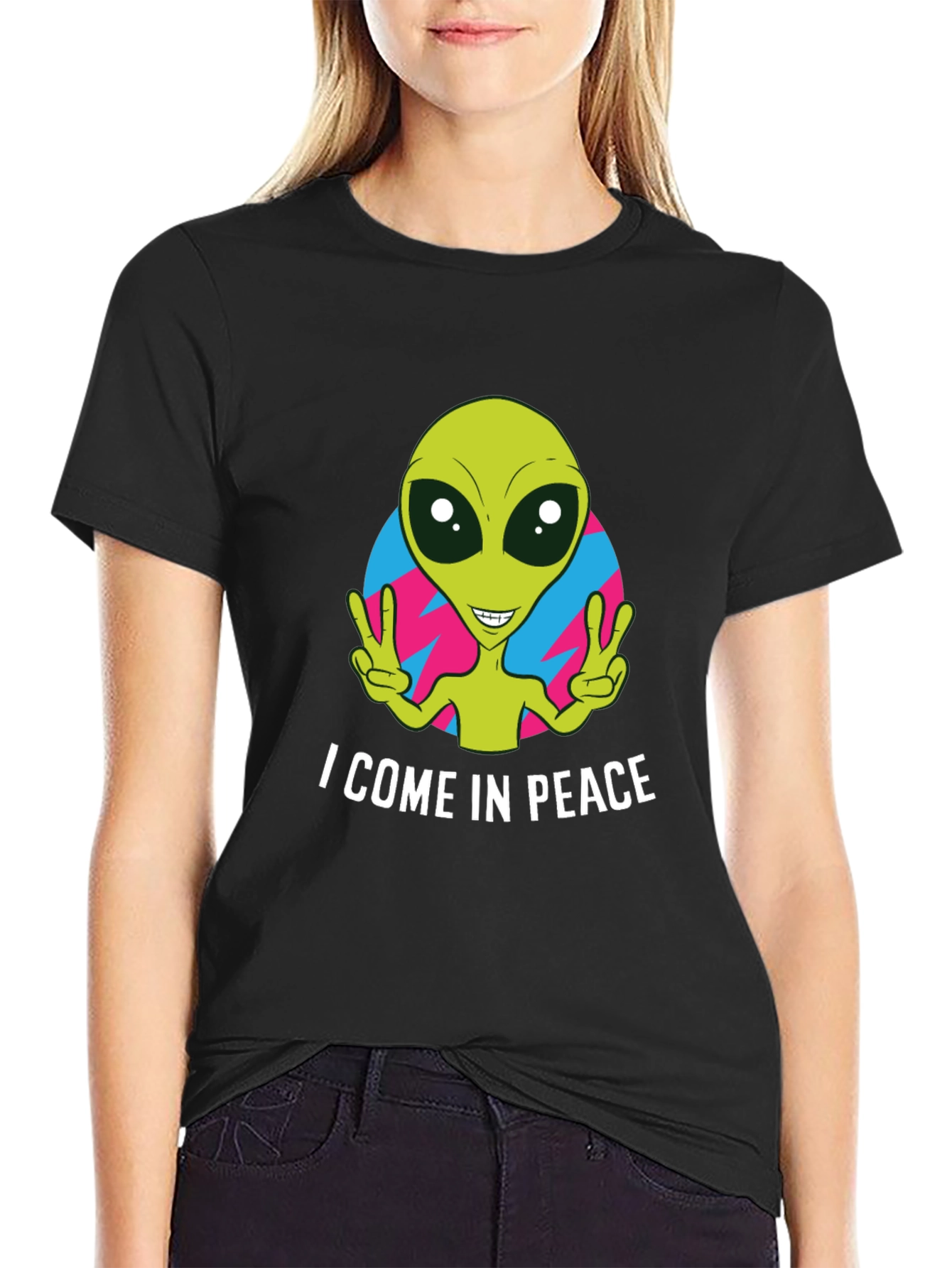 Peace Alien Graphic T-Shirt - Black Short Sleeve