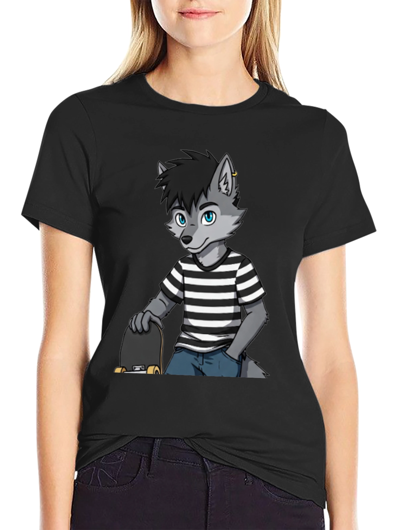 Cool Wolf Skater Graphic Tee - Black Cotton T-Shirt