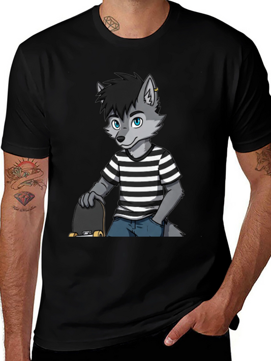 Cool Wolf Skater Graphic Tee - Black Cotton T-Shirt