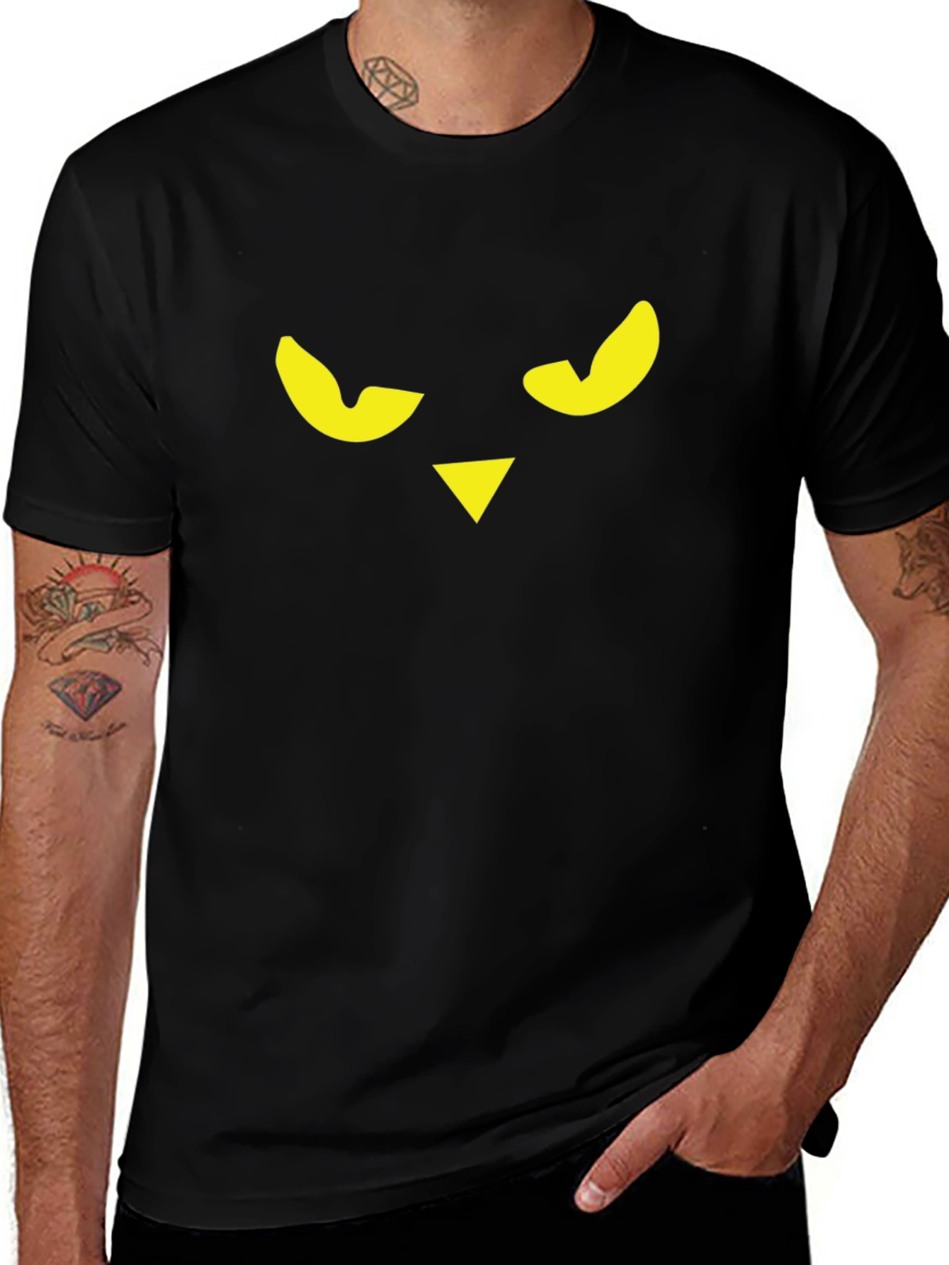 Mens Black T-Shirt with Graphic Owl Face