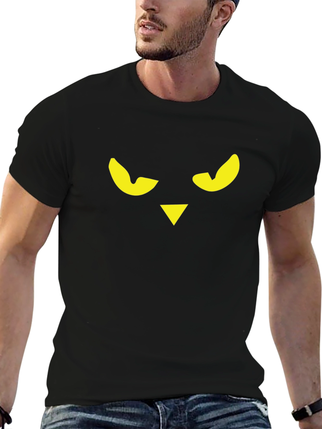 Mens Black T-Shirt with Graphic Owl Face