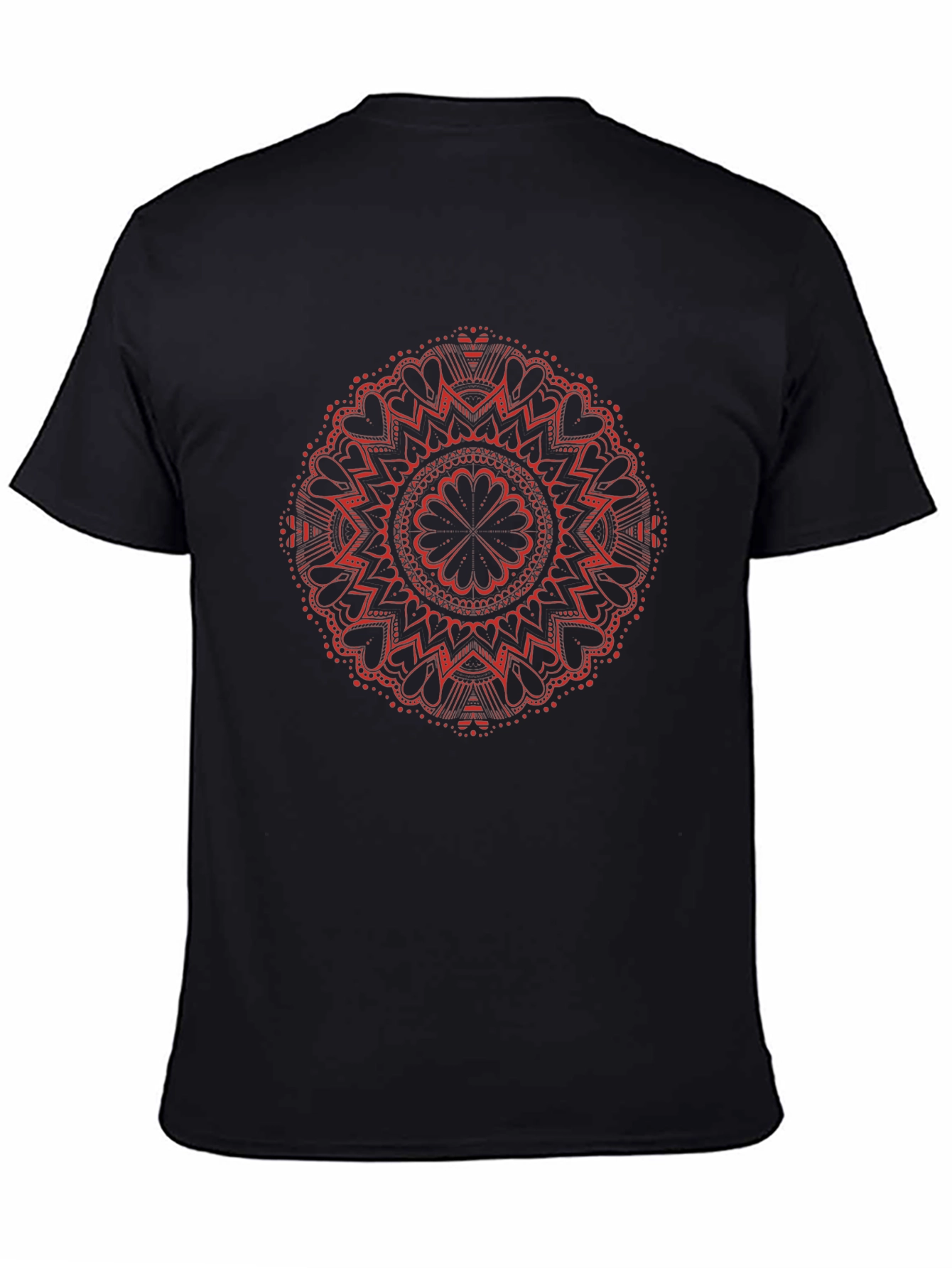 Red Mandala Design Black T-Shirt