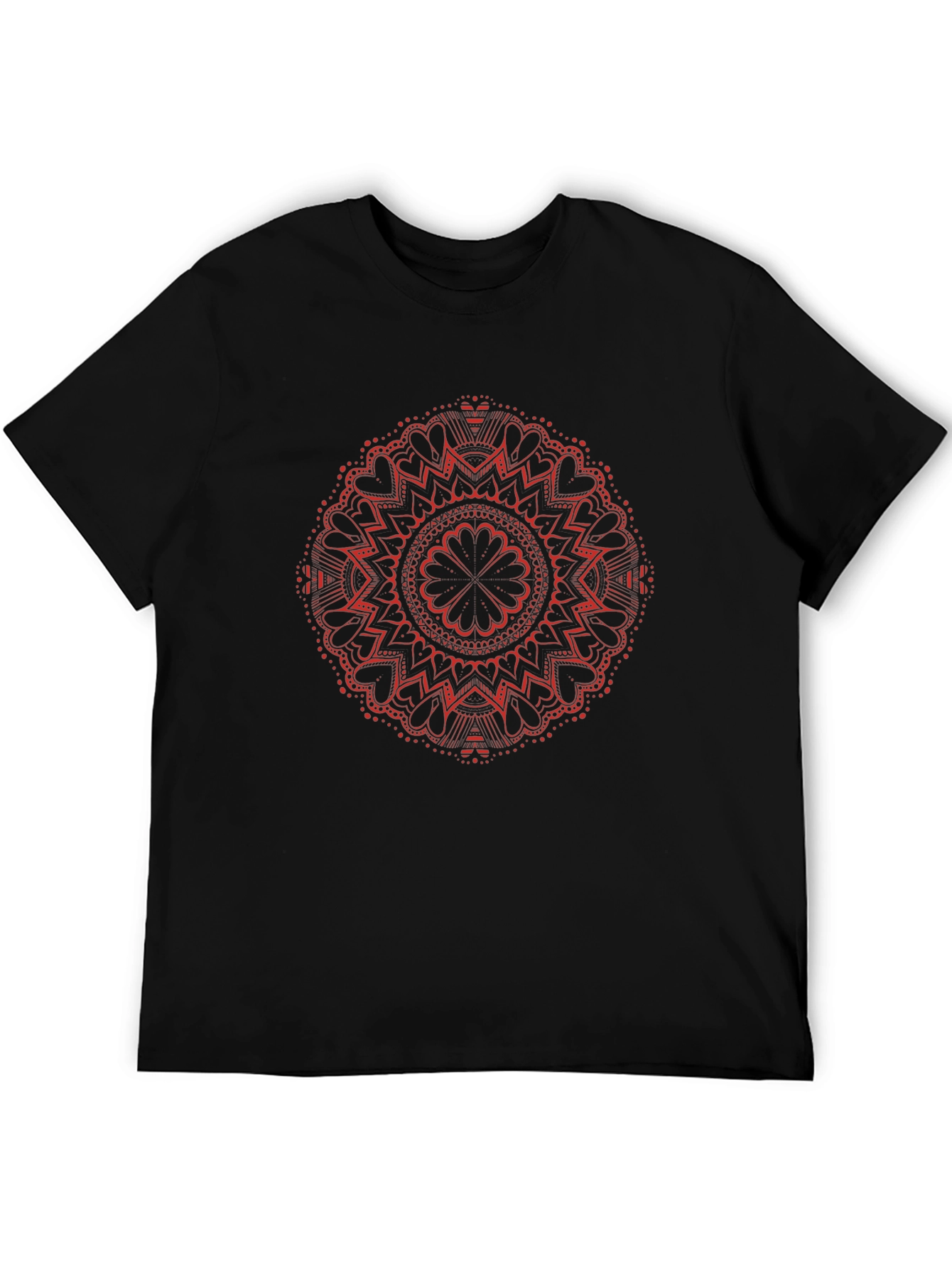 Red Mandala Design Black T-Shirt