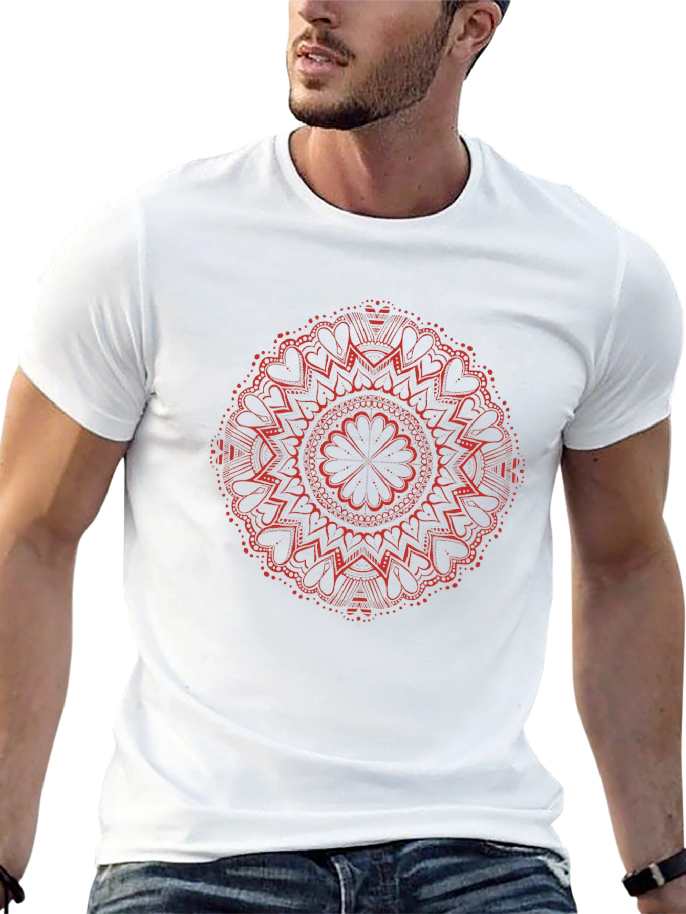 Red Mandala Design Black T-Shirt