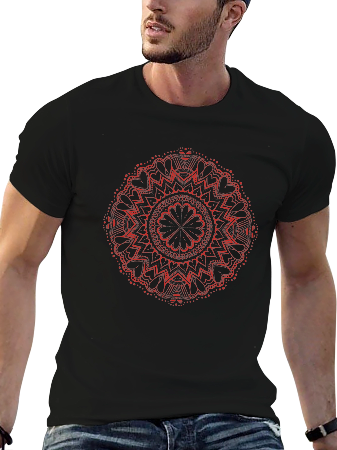 Red Mandala Design Black T-Shirt