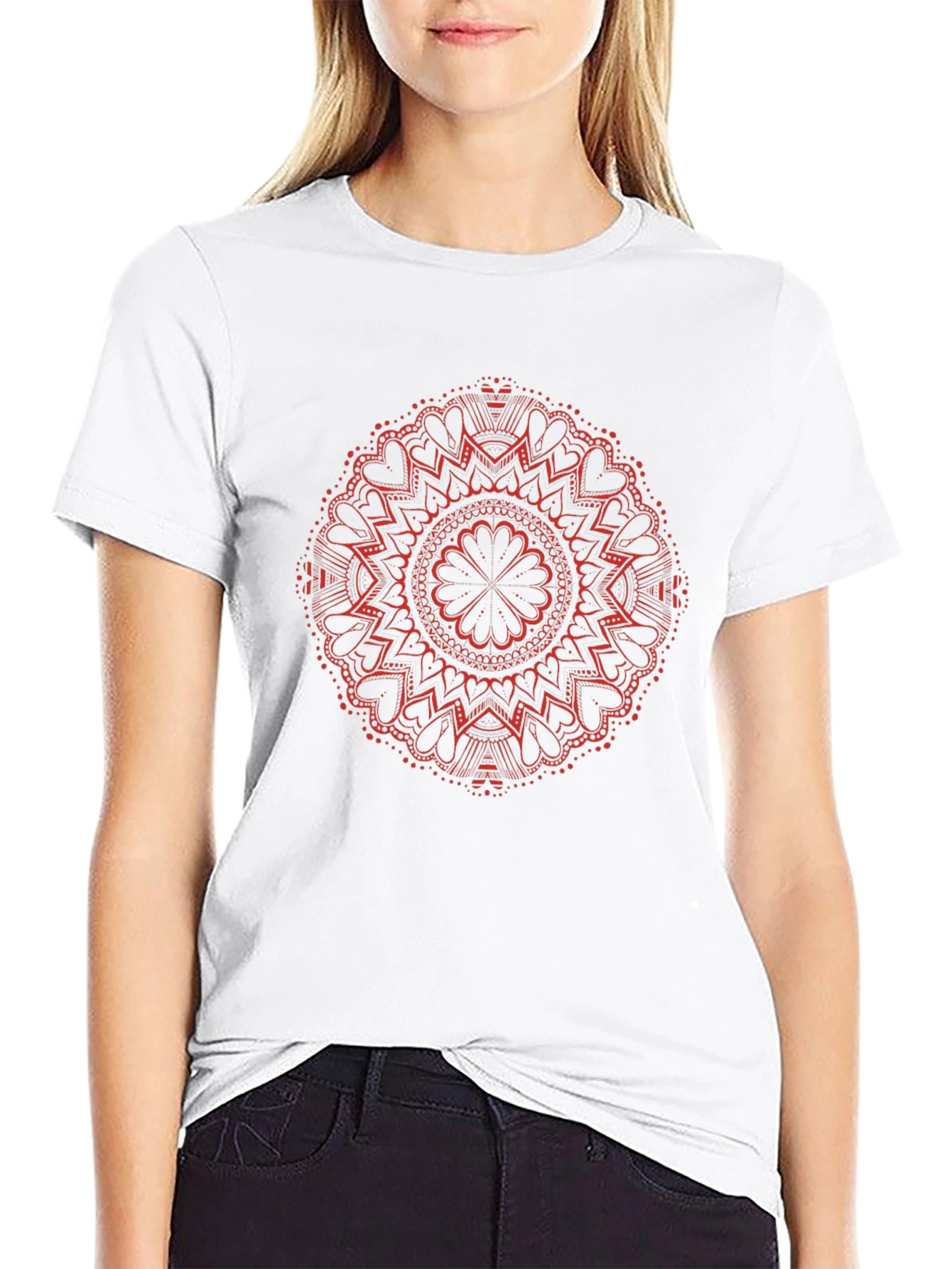 Red Mandala Design Black T-Shirt