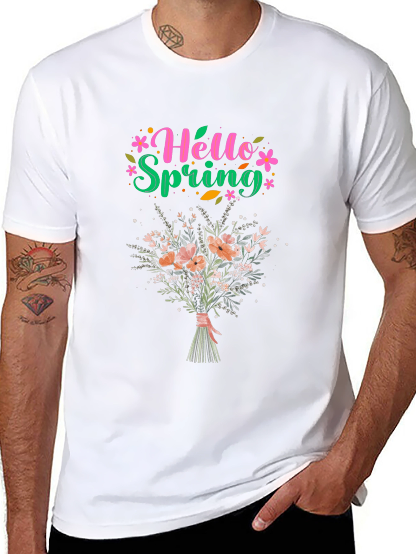Hello Spring Floral Bouquet Graphic T-Shirt
