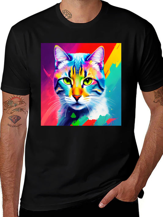 Vibrant Cat Portrait Graphic Tee - Stylish Crew Neck T-Shirt