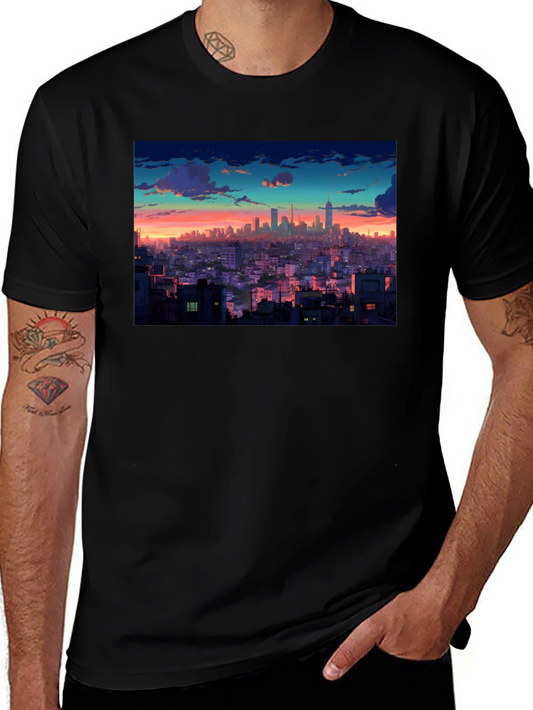 Sunset Cityscape Graphic Tee - Black Cotton T-Shirt