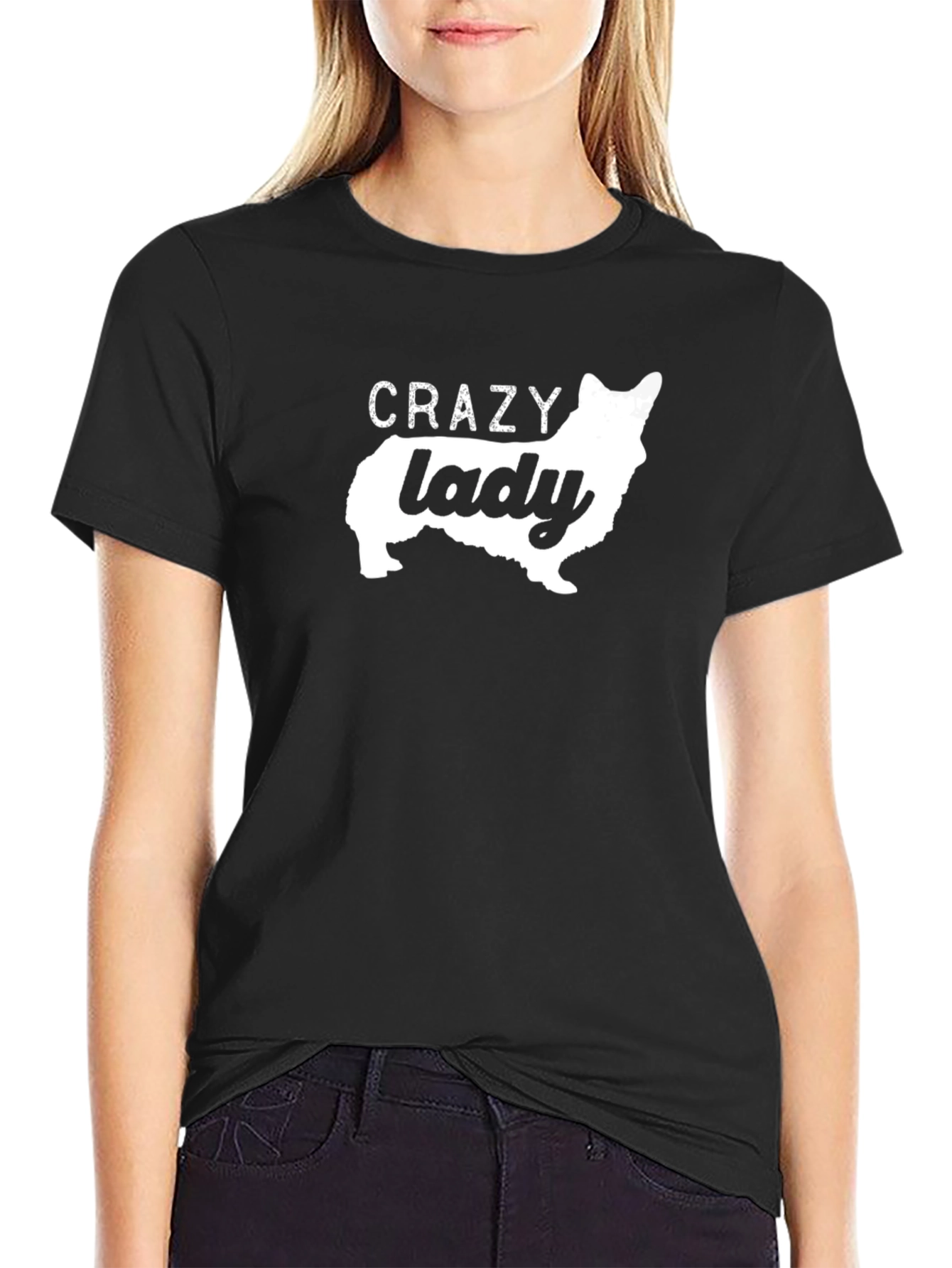 Crazy Corgi Lady Black T-Shirt