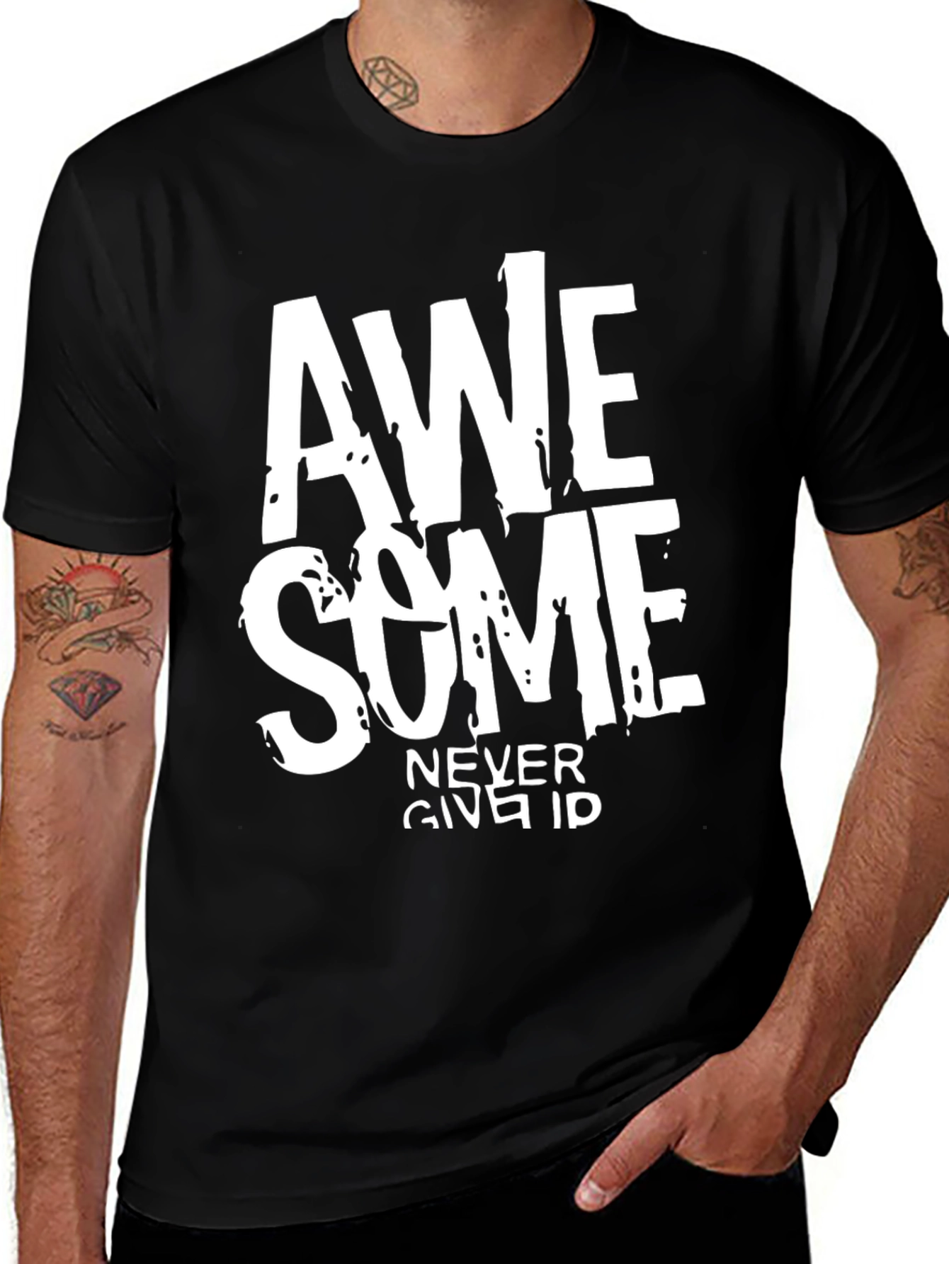 Awesome Never Give In Black Graphic Tee