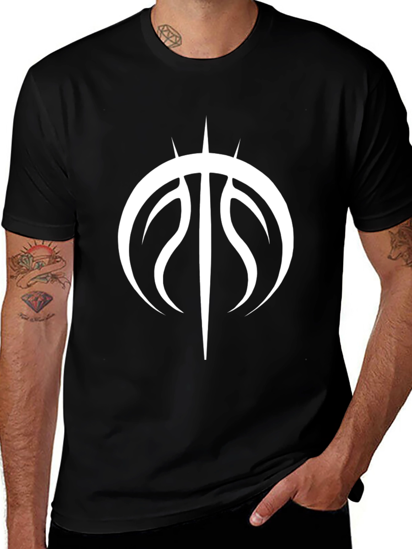 Mens Black T-Shirt with Unique White Graphic Print