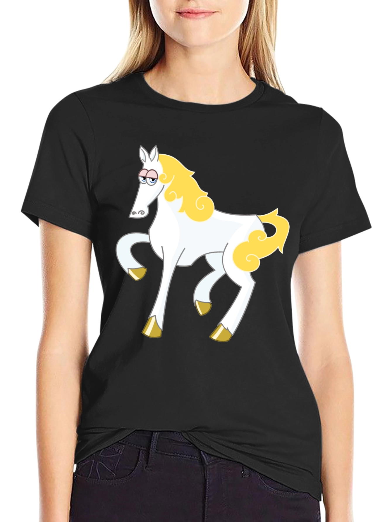 Cartoon Horse Graphic Tee - Black