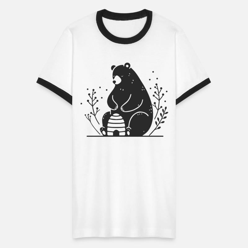 A gentle looking brown bear with a beehive