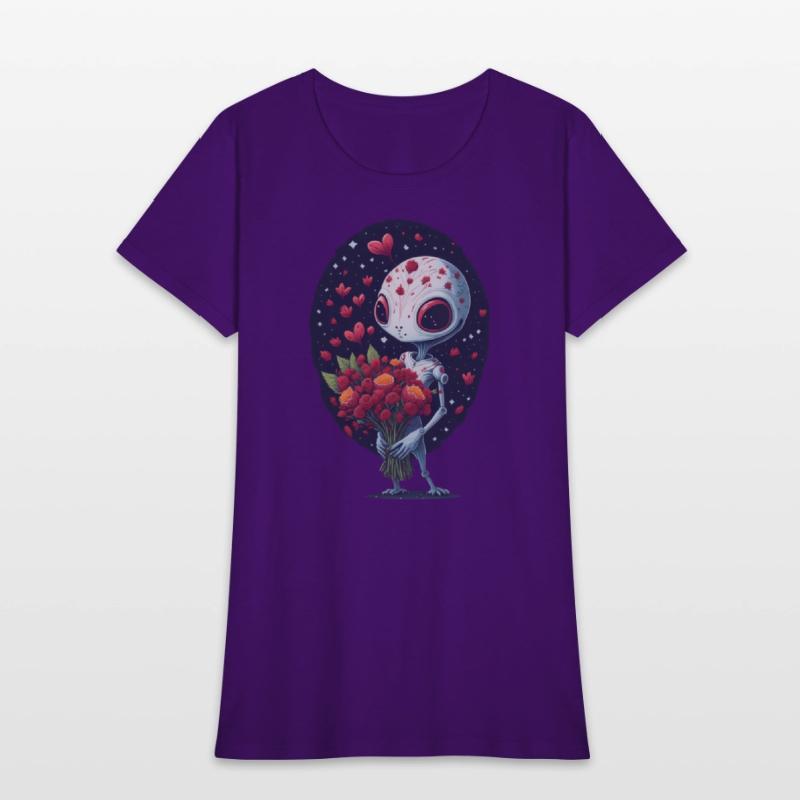 an alien holding a bouquet of flowers.