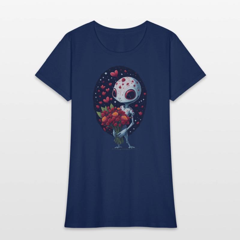 an alien holding a bouquet of flowers.
