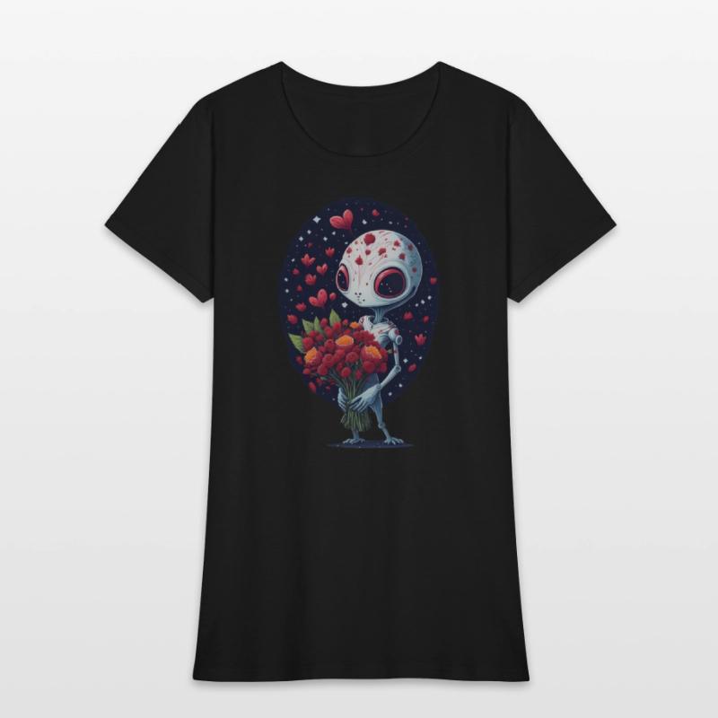 an alien holding a bouquet of flowers.