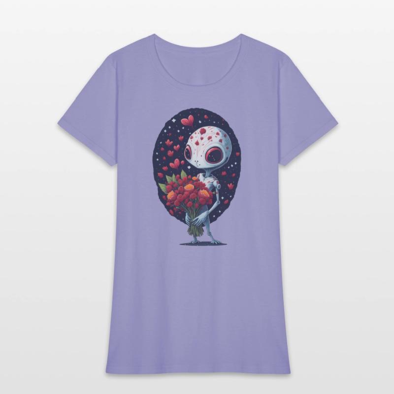 an alien holding a bouquet of flowers.