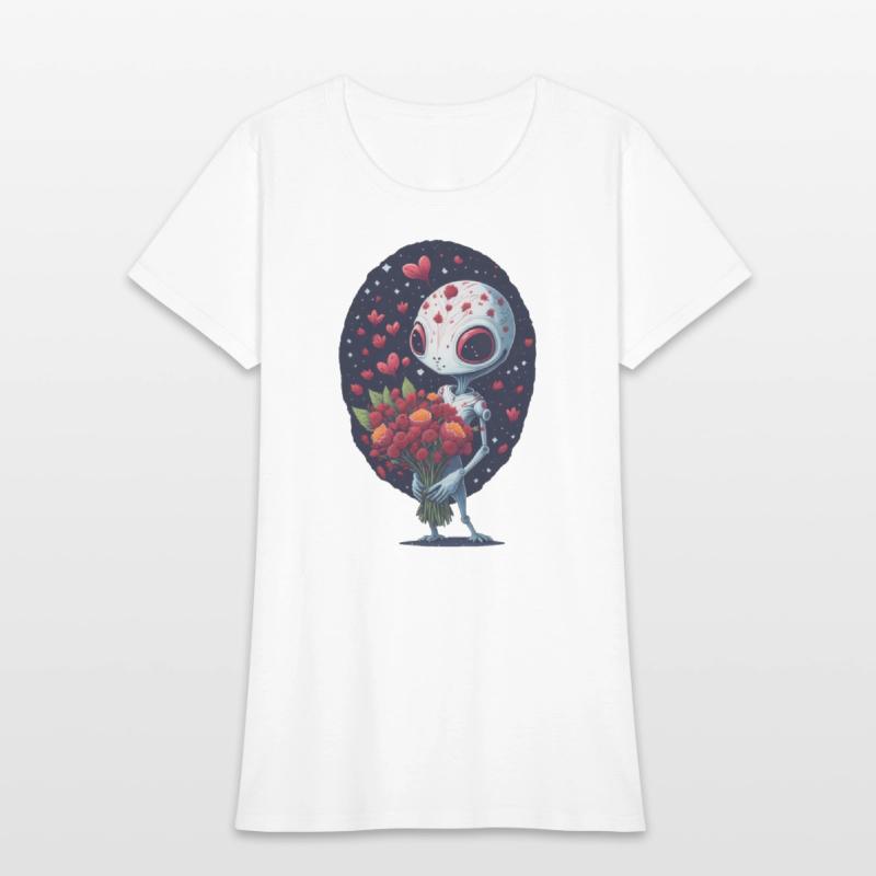 an alien holding a bouquet of flowers.