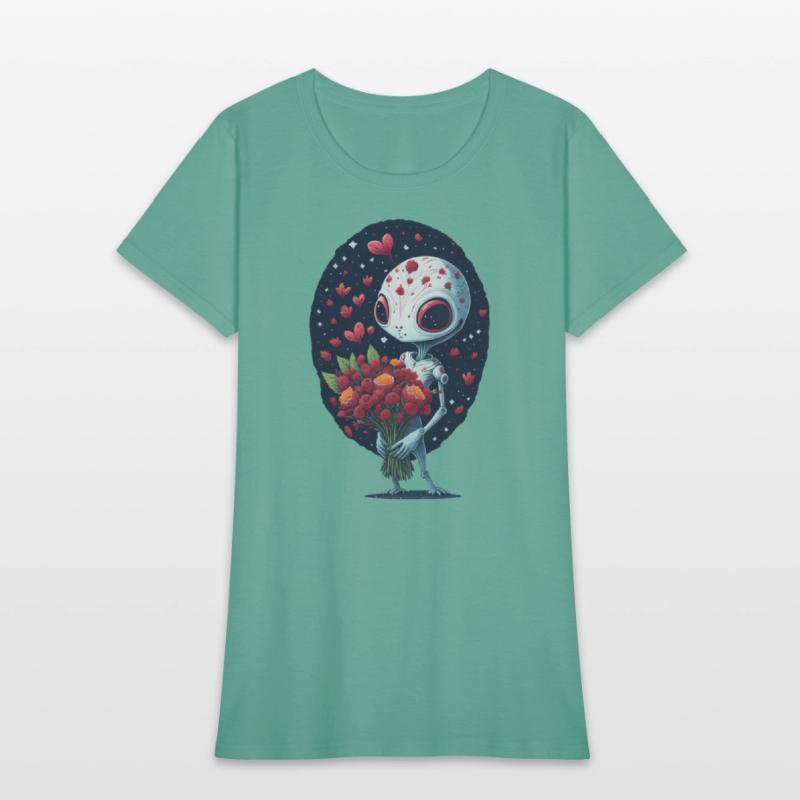 an alien holding a bouquet of flowers.