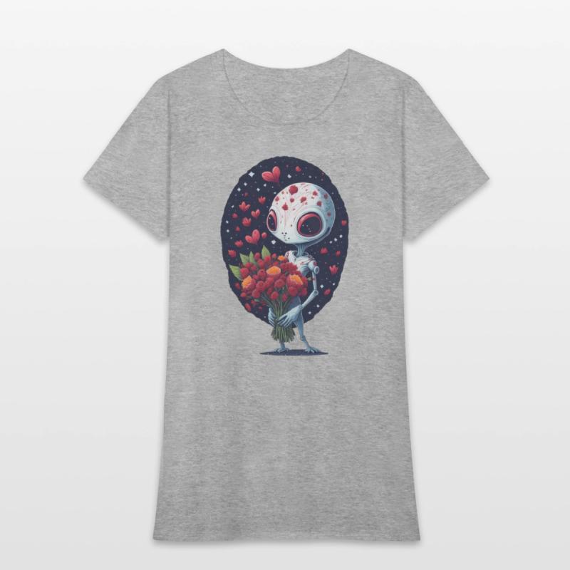 an alien holding a bouquet of flowers.