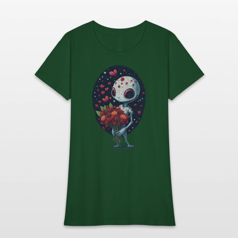 an alien holding a bouquet of flowers.