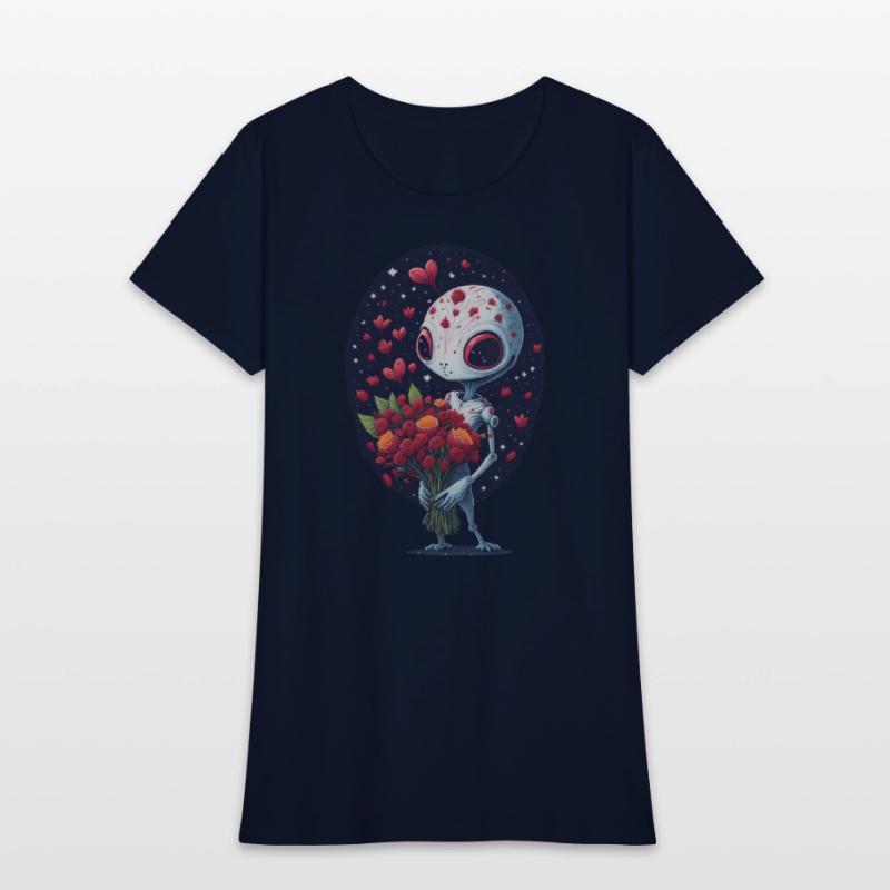 an alien holding a bouquet of flowers.
