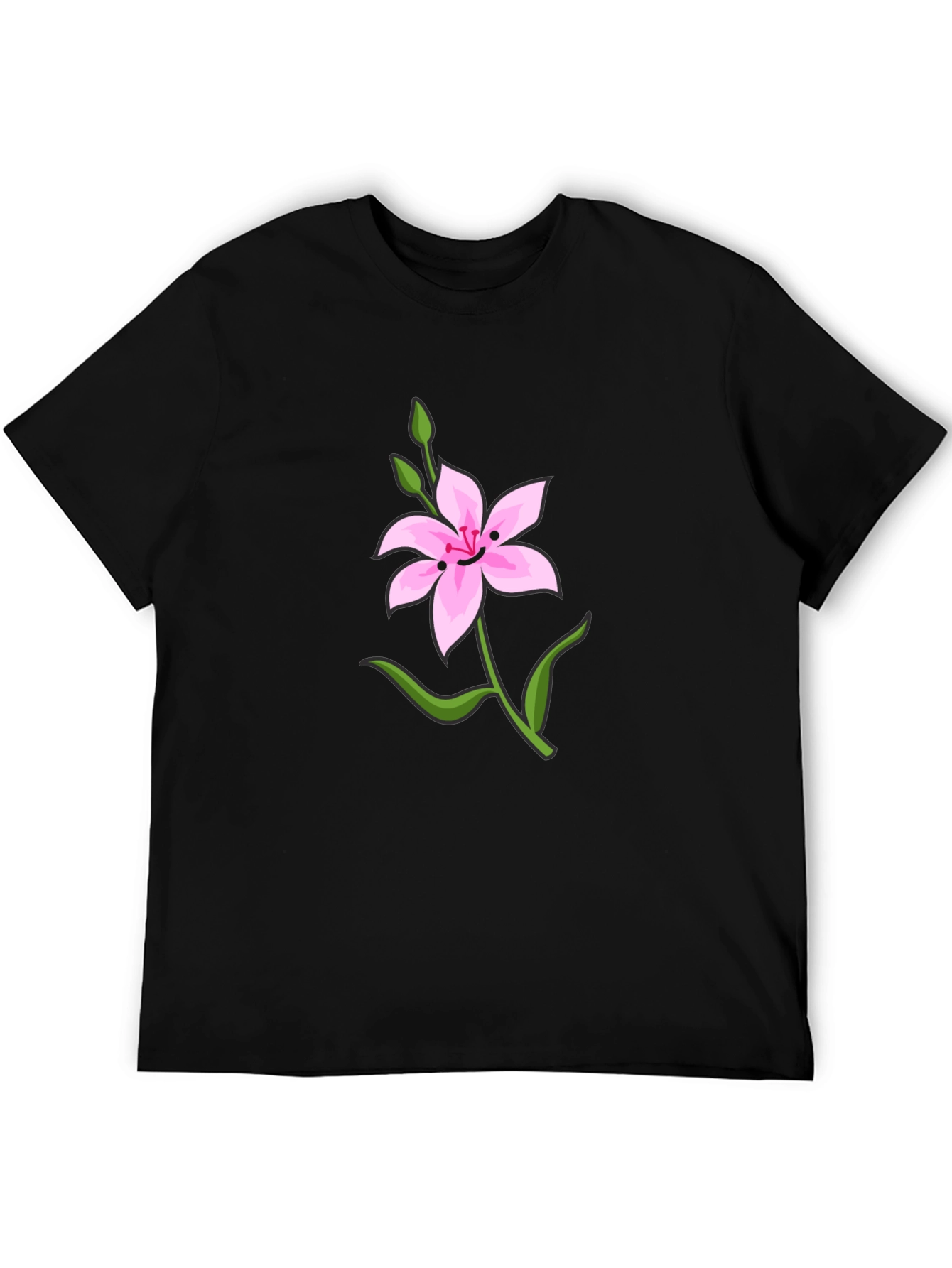 Pink Flower Graphic Tee - Casual Black T-Shirt