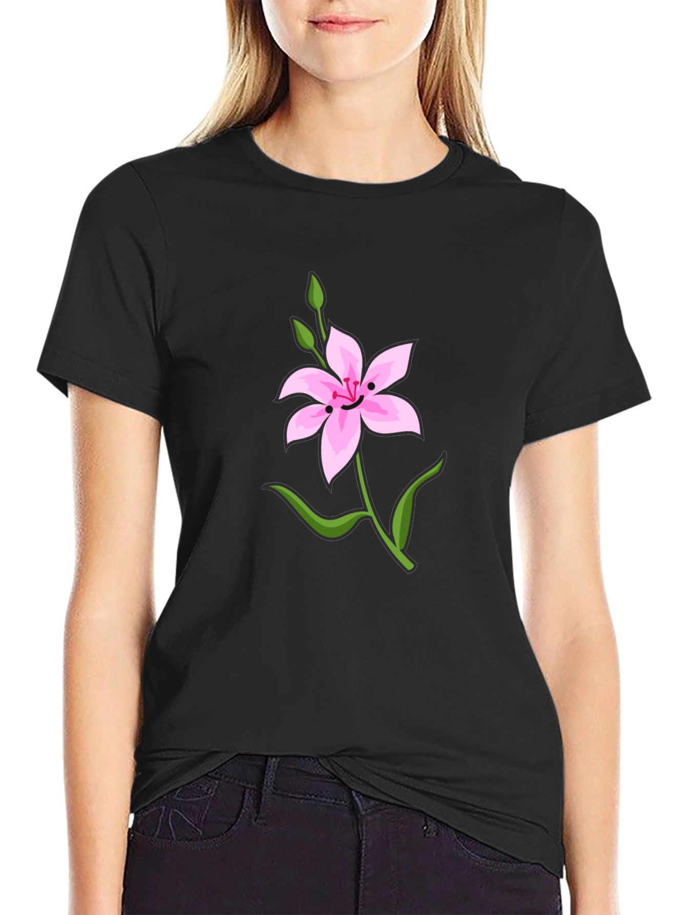 Pink Flower Graphic Tee - Casual Black T-Shirt