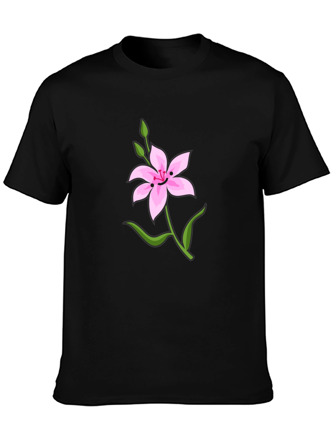 Pink Flower Graphic Tee - Casual Black T-Shirt