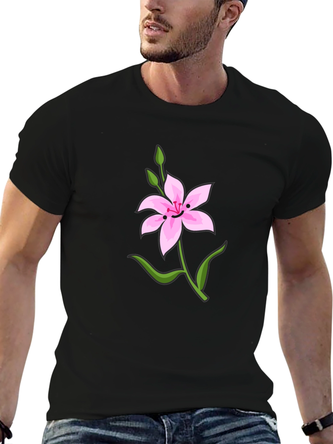 Pink Flower Graphic Tee - Casual Black T-Shirt