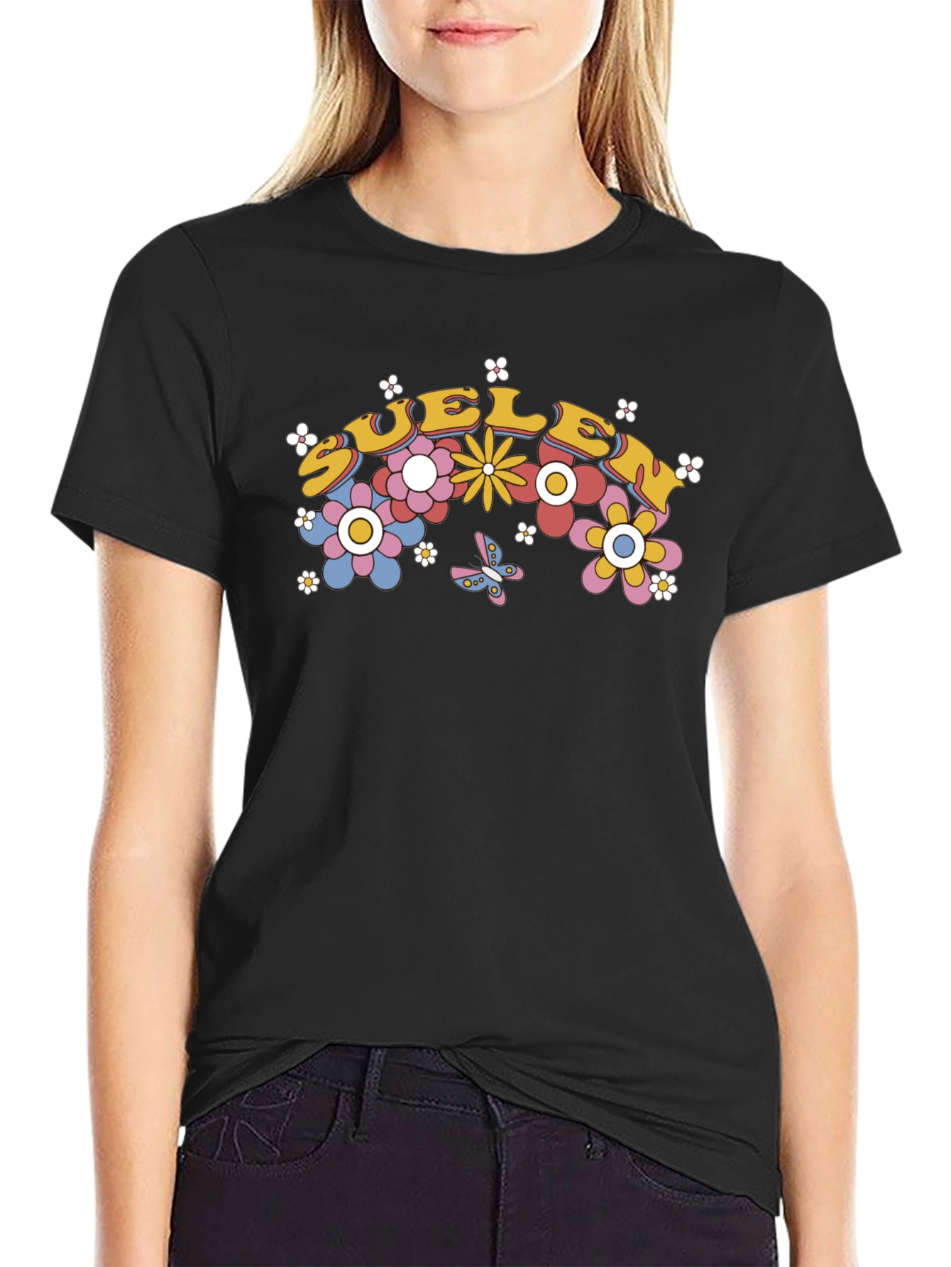 Retro Floral Graphic Tee - Black Cotton Blend