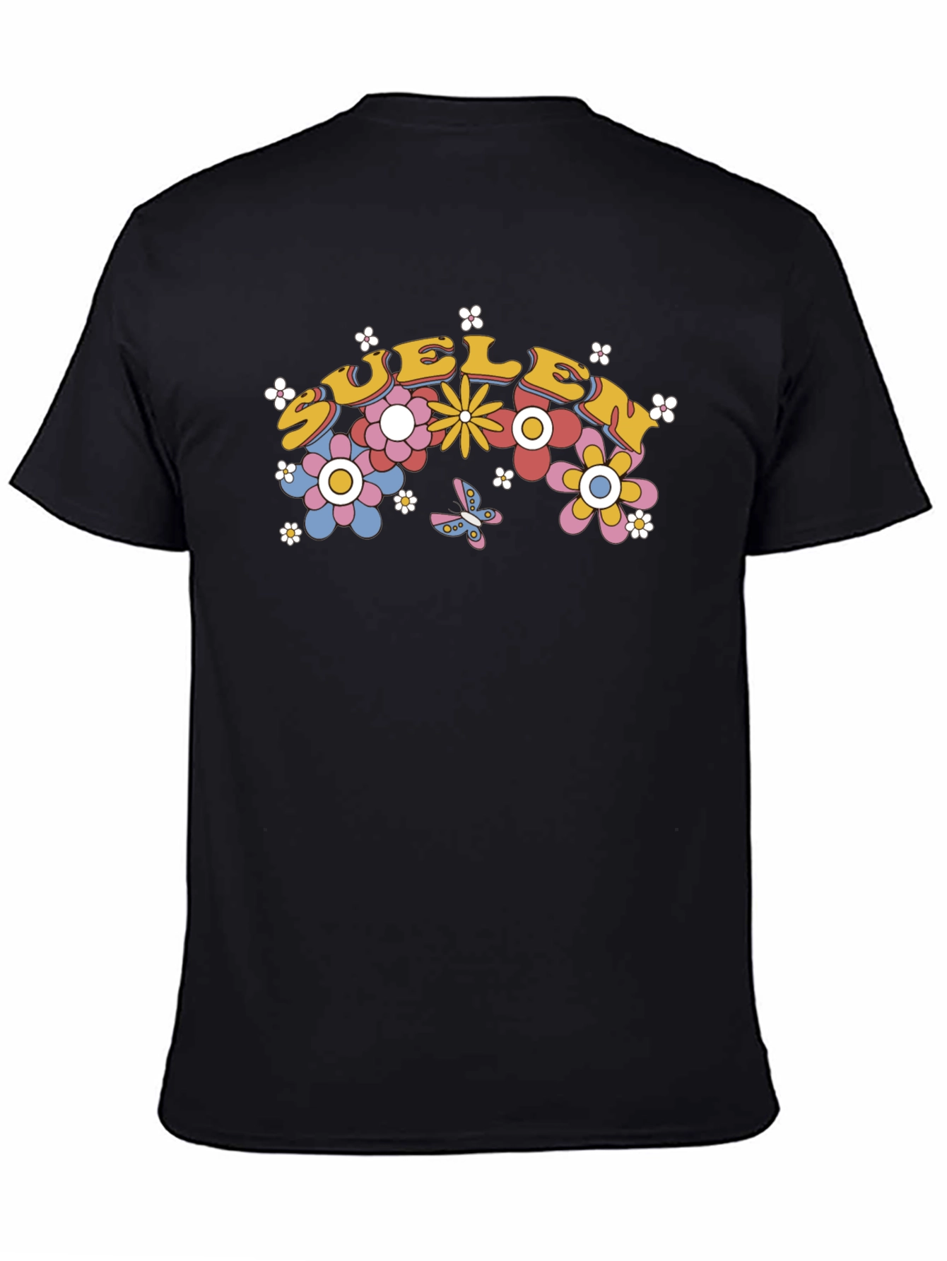 Retro Floral Graphic Tee - Black Cotton Blend
