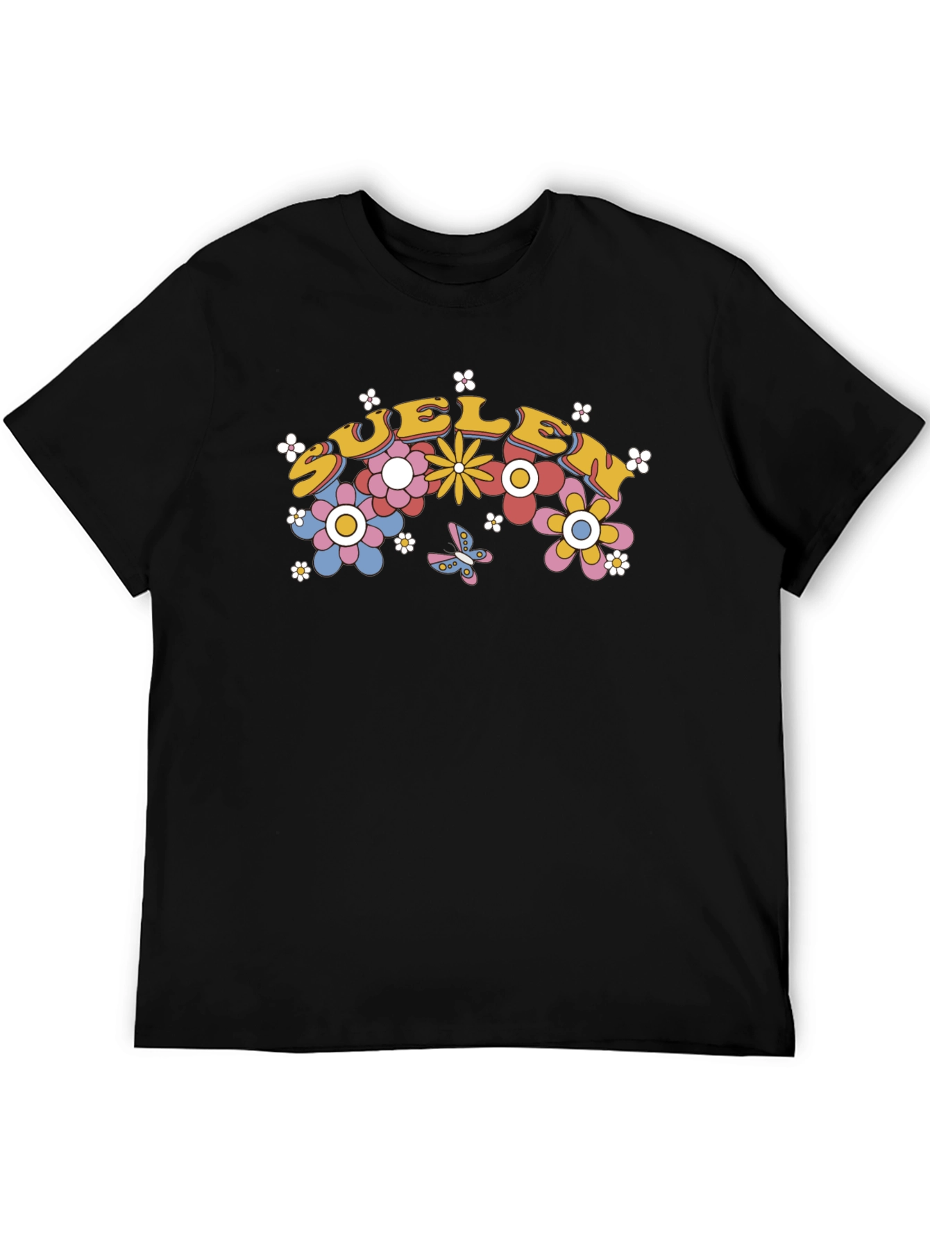 Retro Floral Graphic Tee - Black Cotton Blend