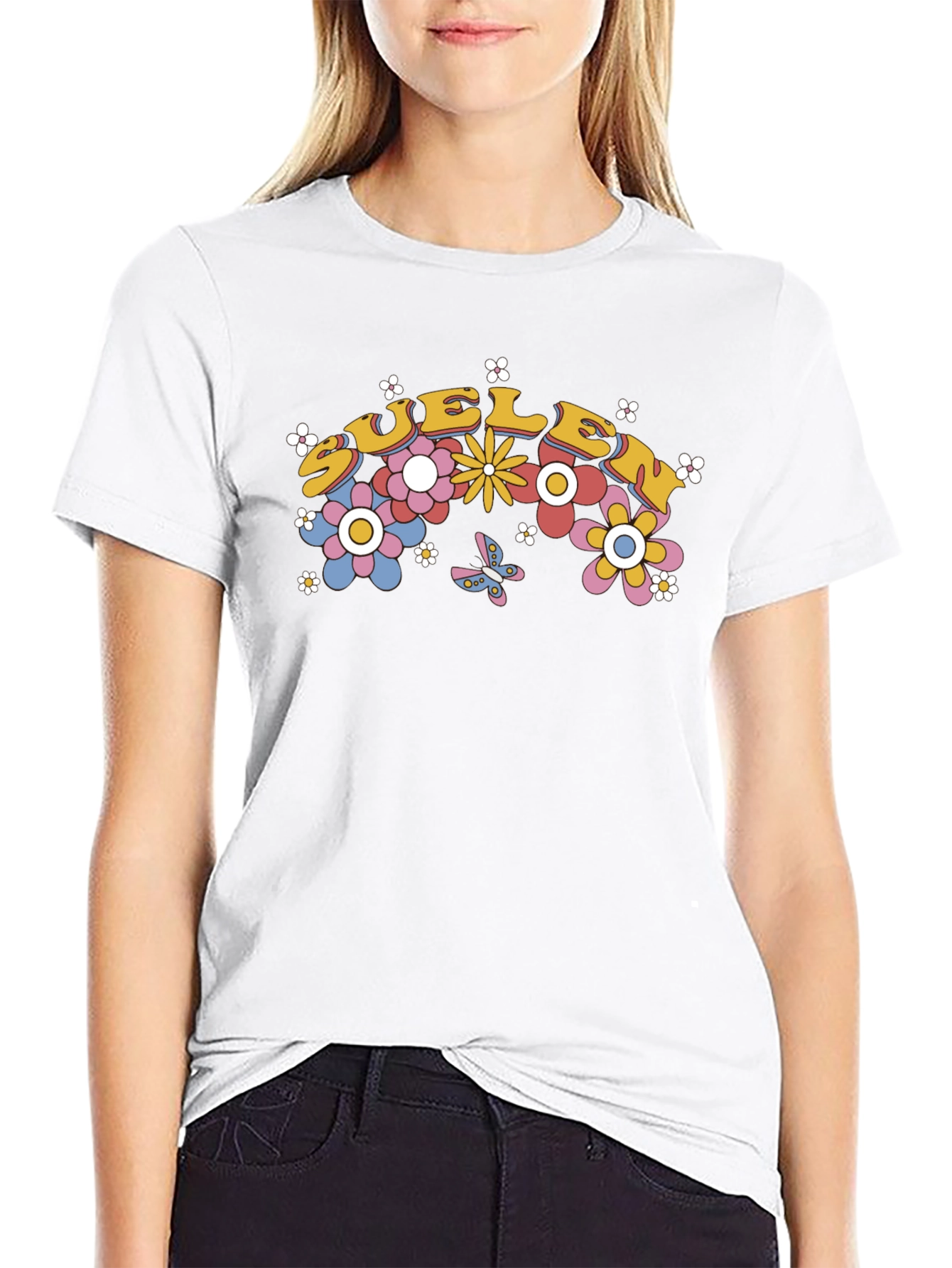 Retro Floral Graphic Tee - Black Cotton Blend