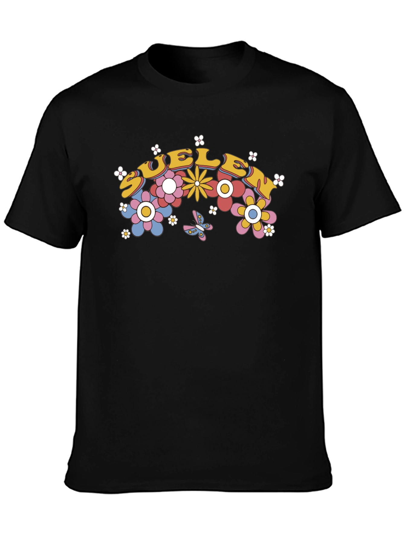 Retro Floral Graphic Tee - Black Cotton Blend