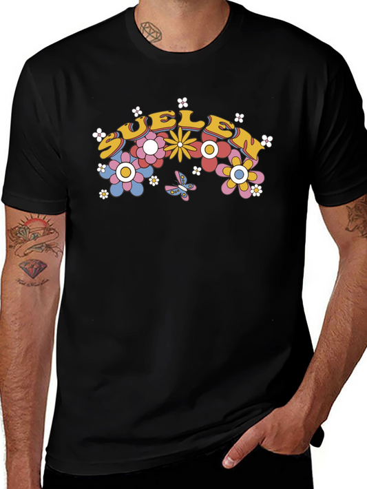 Retro Floral Graphic Tee - Black Cotton Blend