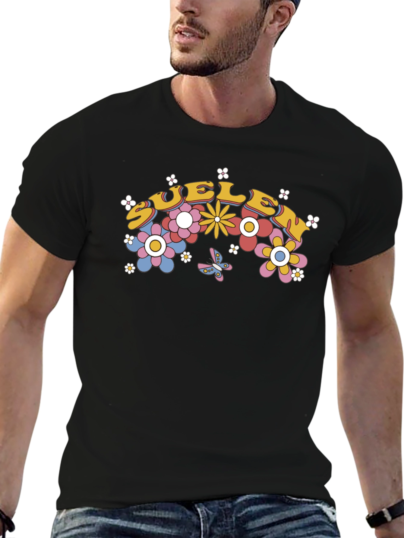 Retro Floral Graphic Tee - Black Cotton Blend