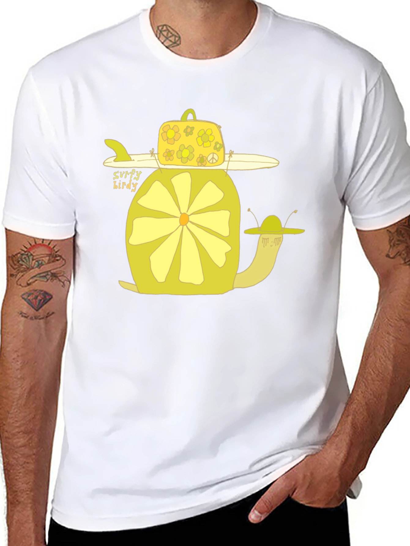 Surfy Birdy T-Shirt - Funky Yellow Snail Design