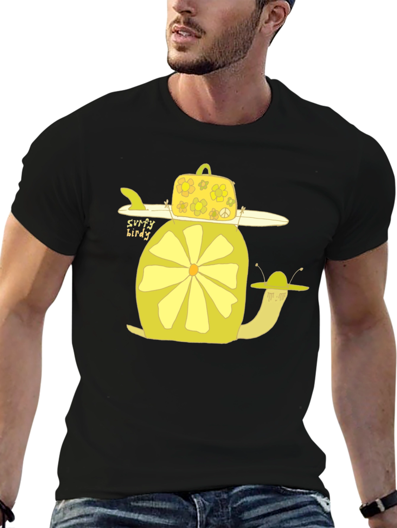 Surfy Birdy T-Shirt - Funky Yellow Snail Design