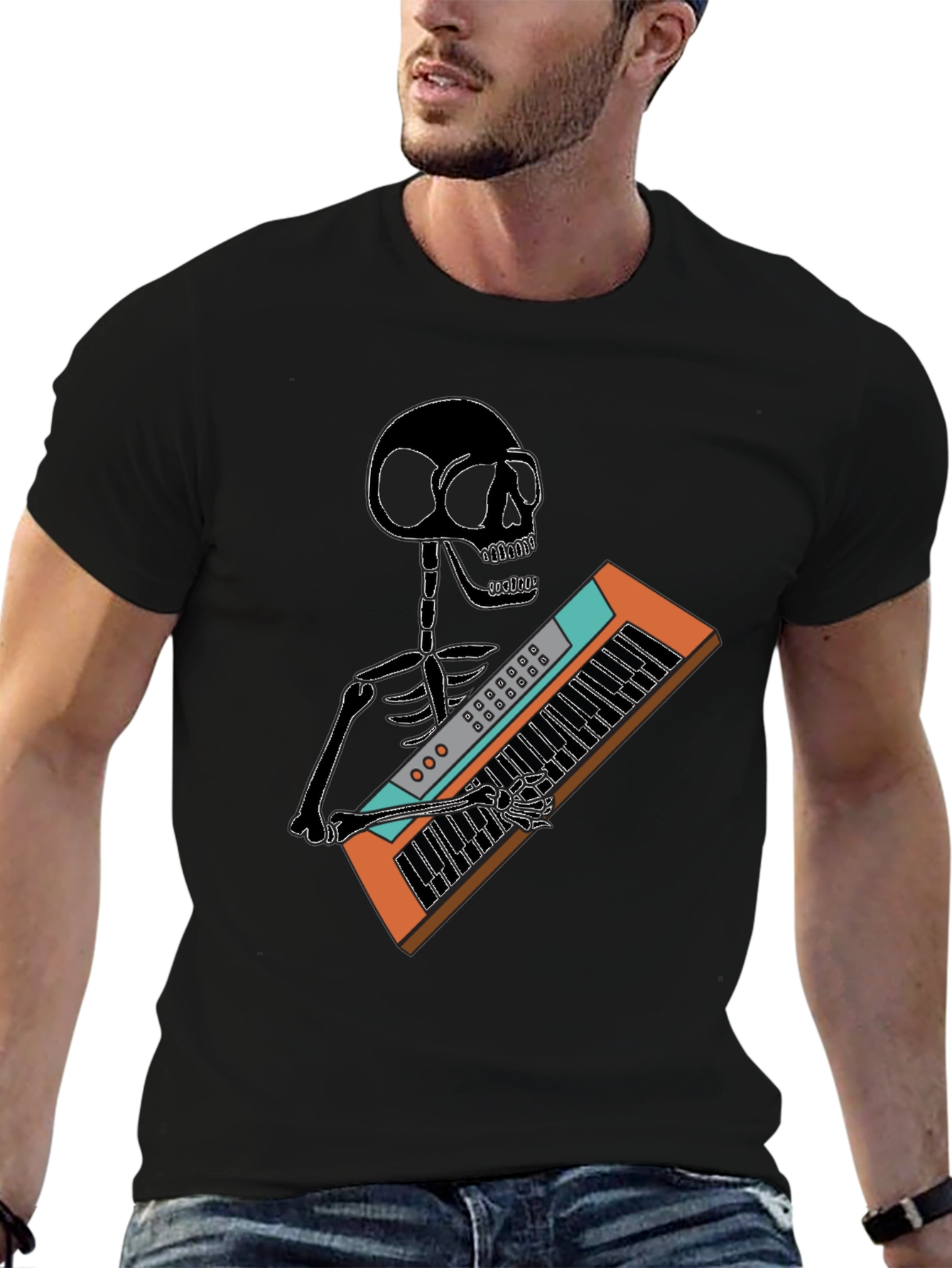 Skeleton Playing Keyboard T-Shirt - Black Graphic Tee