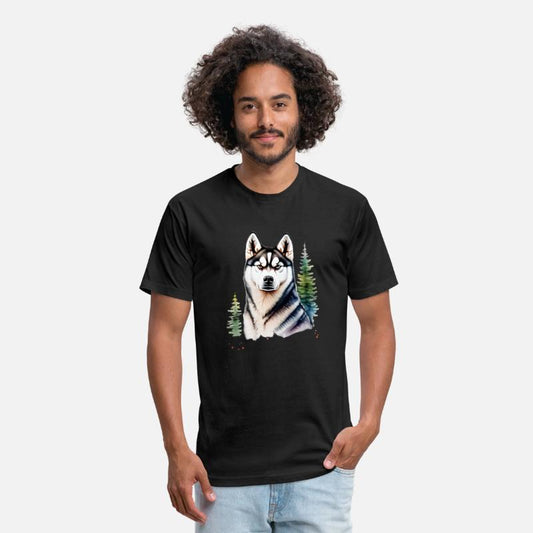 Beautiful Husky With Evergreen Trees Watercolor